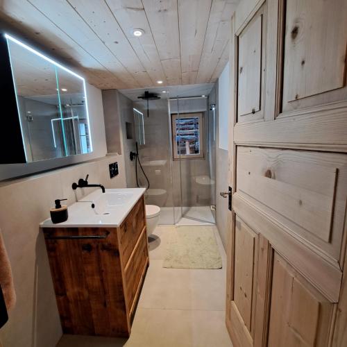 a bathroom with a sink and a toilet and a mirror at Ferienwohnung Tgèsa Stefania in Sedrun