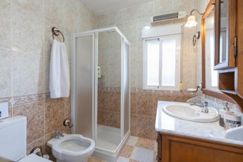 a bathroom with a shower and a toilet and a sink at Paraje fuente del pintor in Iznalloz