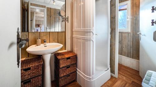 um banheiro com pia e chuveiro em Cabaña Le Sapin em Osséja