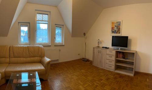 a living room with a couch and a tv at Bennis Rodelhaus in Oberhof
