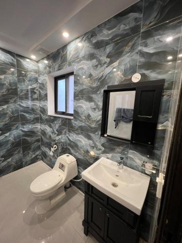 a bathroom with a toilet and a sink and a mirror at Brand New Vacation House in Lahore
