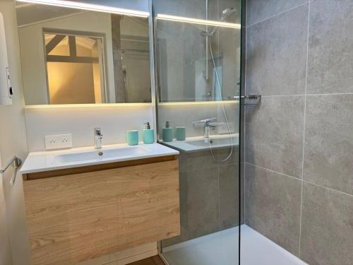 a bathroom with a sink and a shower with a mirror at Cozy Beach Home in De Haan
