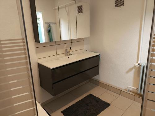 a bathroom with a sink and a mirror at Ferienwohnung Luka in Kaulsdorf