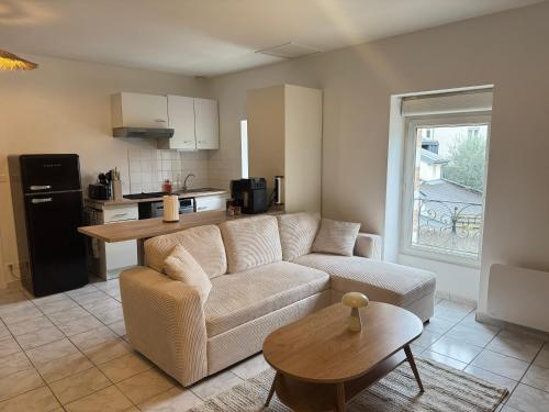 Appartement cocooning في لافال: غرفة معيشة مع أريكة ومطبخ