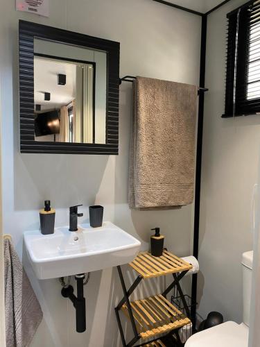 a bathroom with a sink and a mirror at Stacey's Mini Hideaway in Hillcrest