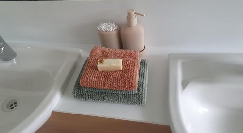 a bathroom sink with two towels and a soap bottle at Palmview Escape in Yorkeys Knob