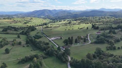 an aerial view of a field with trees and a road at Mystic Twistic in Vîrfurile