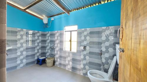 Arman homestay mawlynnong في Mawlynnong: حمام به مرحاض وجدار أزرق