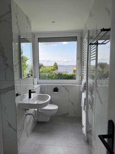 a bathroom with a toilet and a sink and a window at ZV38-Mammut-3 in Salzgitter