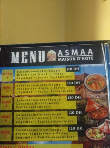 a sign for a menu of asian cuisine at Asmaa Guesthouse Todra in Tinerhir