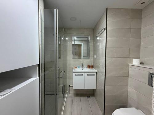 ein Badezimmer mit Dusche, Waschbecken und Toilette in der Unterkunft Alliance palace Black Sea in Batumi