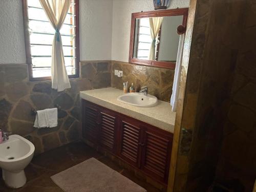 a bathroom with a sink and a toilet and a mirror at Kitu Sawa Sawa in Watamu