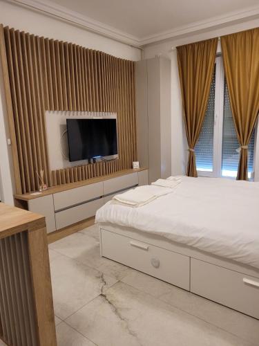 ein Schlafzimmer mit einem großen Bett und einem Flachbildfernseher in der Unterkunft Ground Floor Studio in Chişoda