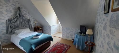 ein Schlafzimmer mit einem Bett und einem Fernseher in der Unterkunft Le Château D'Osthoffen in Osthoffen