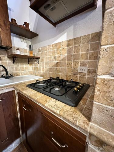 a kitchen with a black stove top on a counter at Il Borgo Del Lupo Relax Family Apartments in Tuscany with Restaurant & Swimming Pool in Sarteano