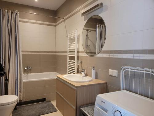 a bathroom with a sink and a tub and a toilet at Saulės Sonata Etude in Druskininkai