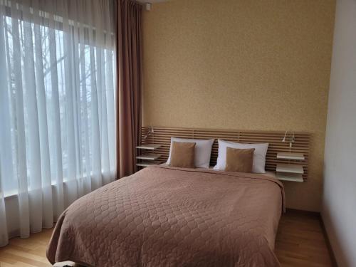 a bedroom with a large bed and a large window at Saulės Sonata Etude in Druskininkai