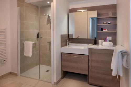 un bagno con lavandino e doccia con specchio di DOMITYS - Galia a Brive-la-Gaillarde