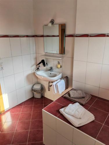 a bathroom with a sink and a toilet at Oberstockachhof in Schwendau