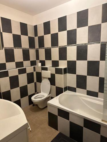bagno con parete a scacchi in bianco e nero di AGREABLE T3 1er étage a La Celle-sous-Gouzon