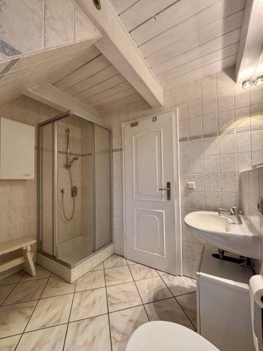 a bathroom with a shower and a sink and a toilet at Adlerhorst - Moderne 60 qm Wohnung mit Terrasse in Oevenum