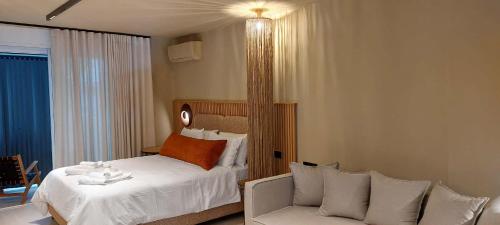 纳夫普利翁''SteliosDimitra'' Guest House IV in Nafplio的一间酒店房间，里面有一张床和一张沙发