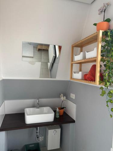 a small bathroom with a sink and a shelf at private Zimmer im Serviced Apartment - mit wöchentlicher Reinigung in Stuttgart