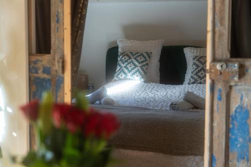 a person laying on a bed in front of a mirror at Cottage, Lodge & Spa 54 in Prouilly