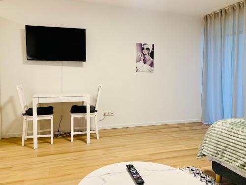 A television and/or entertainment centre at Modernes 1 Zimmer Appartement direkt am Wörthsee