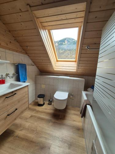 a bathroom with a toilet and a sink and a window at Triberga Verwall in Sankt Gallenkirch