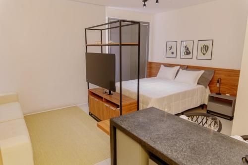 een slaapkamer met een bed en een televisie. bij Studio completo, Piscina, Wi-Fi e Garagem in Três Corações