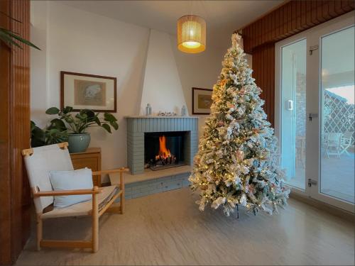 een kerstboom in een woonkamer met een open haard bij Lungomare 70 in Marzocca di Senigallia