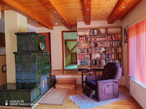 een woonkamer met een stoel en een stapel boeken bij Erdőalja-Padlástér in Jásd