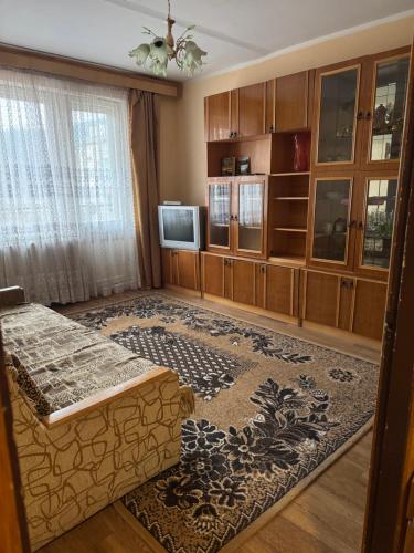 ein Wohnzimmer mit Sofa und Fernseher in der Unterkunft Gorodok Home in Skole