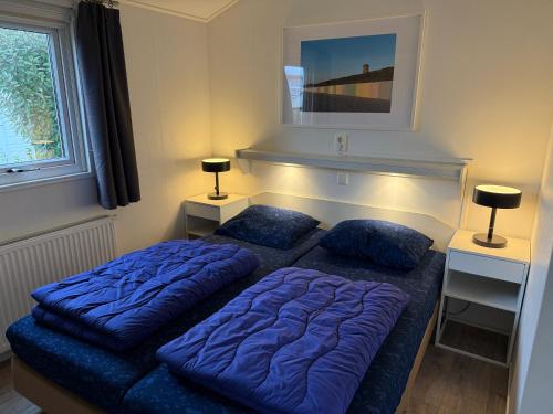a bedroom with two blue pillows on a bed at Ferien-Chalet Oostkapelle in Oostkapelle