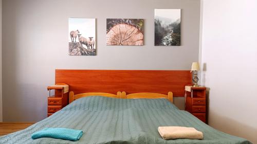 a bedroom with a bed and four pictures on the wall at Wiślany Raj in Wisła