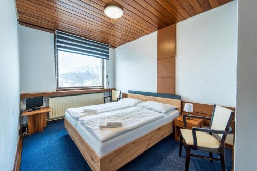 ein Schlafzimmer mit Bett, Schreibtisch und Fenster in der Unterkunft Hotel Slovakia in Žilina