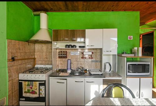 a kitchen with white cabinets and green walls at Hospedaje el Gorocito in Caleta Olivia