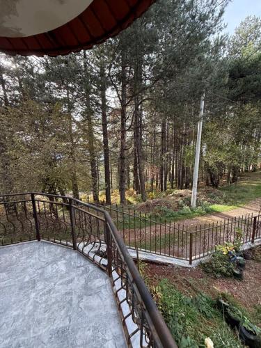 ein Eisenzaun mit einem Gehweg in einem Park in der Unterkunft Streha Pishave in Elbasan