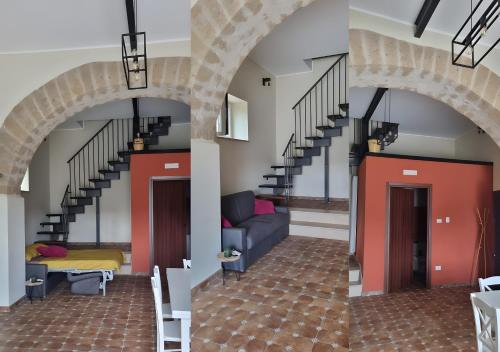 two images of a living room with a staircase at La Casa di Paddington in Piana di Caiazzo
