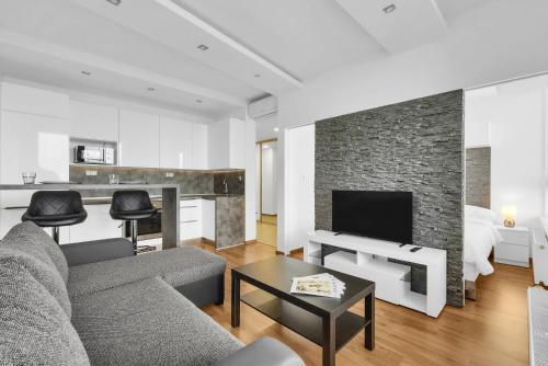 City Bright Apartment with Parking & Balcony في Trnávka: غرفة معيشة مع أريكة ومدفأة