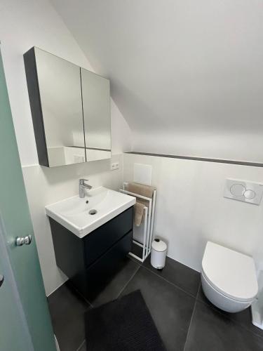 a white bathroom with a sink and a toilet at Lumio Apartment 2 - Klimatisiert - Coffee for free - in Karlsruhe