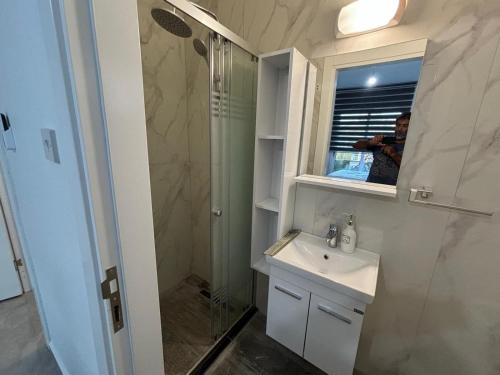 a bathroom with a sink and a shower and a mirror at Veray Homes, Alsancak in Ayios Dhometios