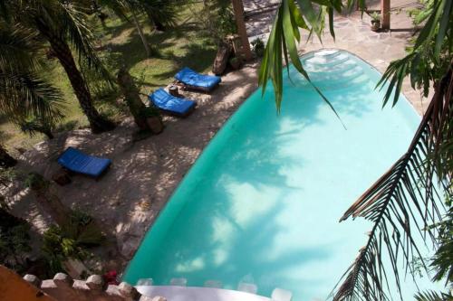 a pool with blue loungers in a resort at ParadiseLost Camping Ground in Kwale