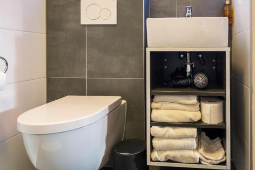 a bathroom with a toilet and towels on a shelf at Het prinsentuintje in Leeuwarden