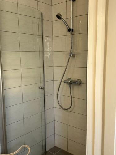 a shower with a shower head in a bathroom at Anekset in Sandefjord