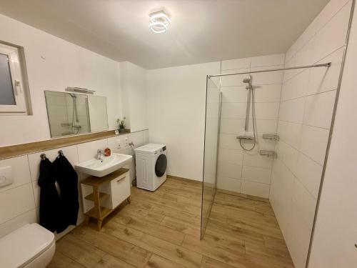 奥尔珀Ferienwohnung Auszeit am Waldrand的带淋浴、马桶和水槽的浴室