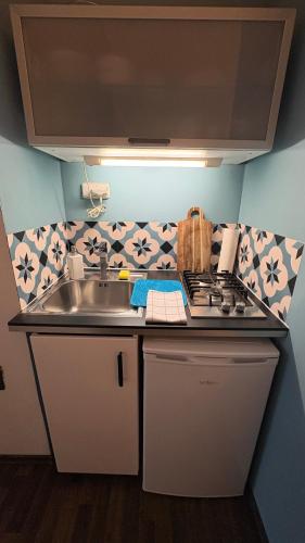 a small kitchen with a sink and a stove at Enjoy Wien in Vienna