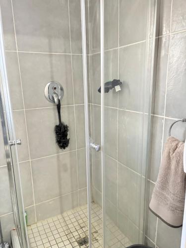 a shower with a shower head in a bathroom at Hlones place in Rustenburg