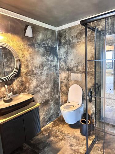 a bathroom with a toilet and a sink and a shower at Modatepe Bungalow & Otel in Uğurlu